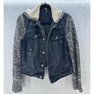 Free People Women's sz M Black Denim and Hooded Sweater Jacket Distressed Cotton